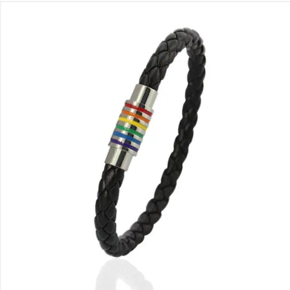 Rainbow Pride Magnetic Bracelet Black Leather Sizes 7, 7.5, 8, 9, and 10